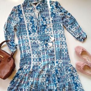 KAKTUS blue ikat print crochet ruffle shift dress